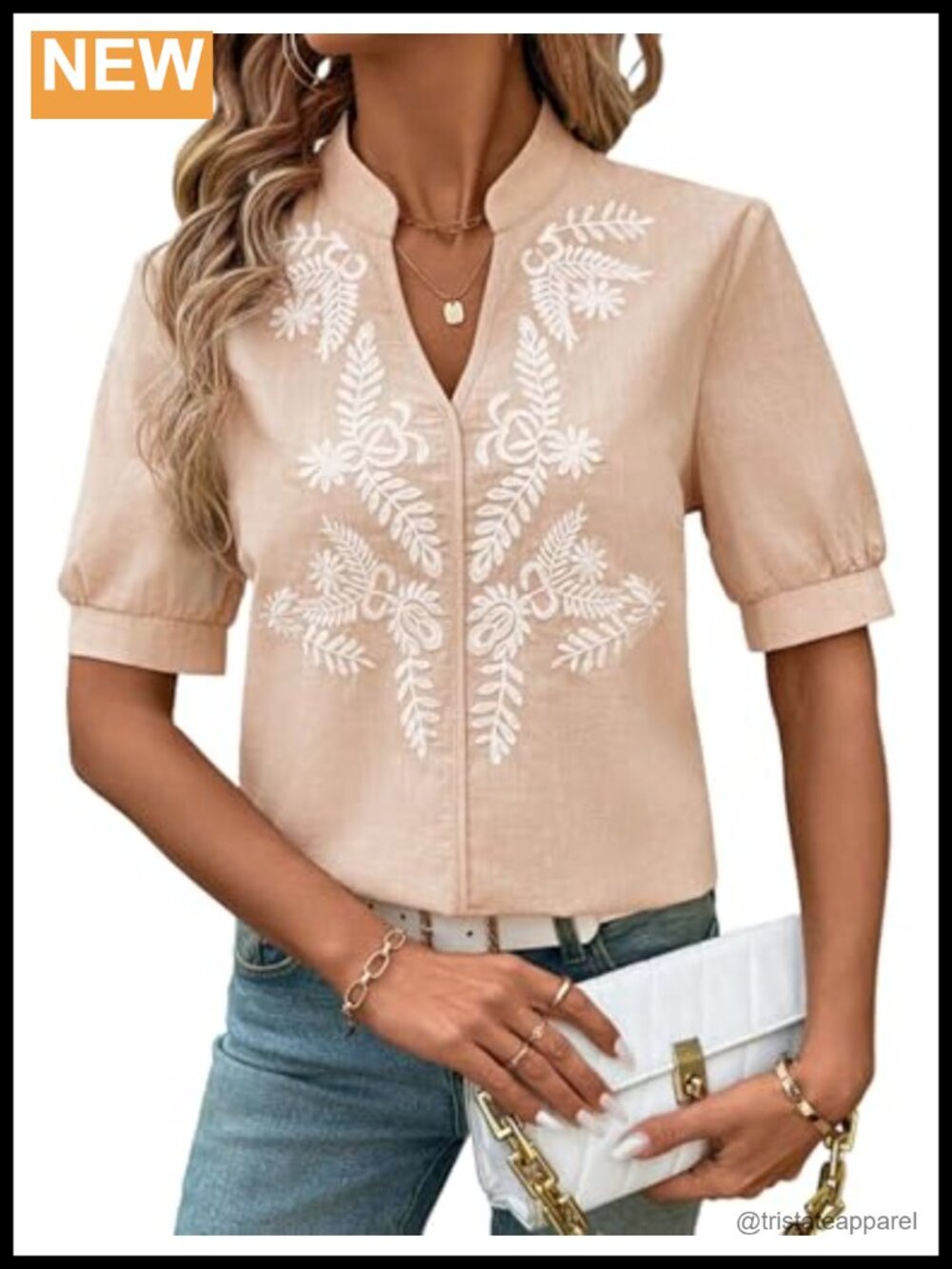 Boho Floral Embroidered V Neck Linen Blend Blouse Puff Sleeve Blouse Loose Fit